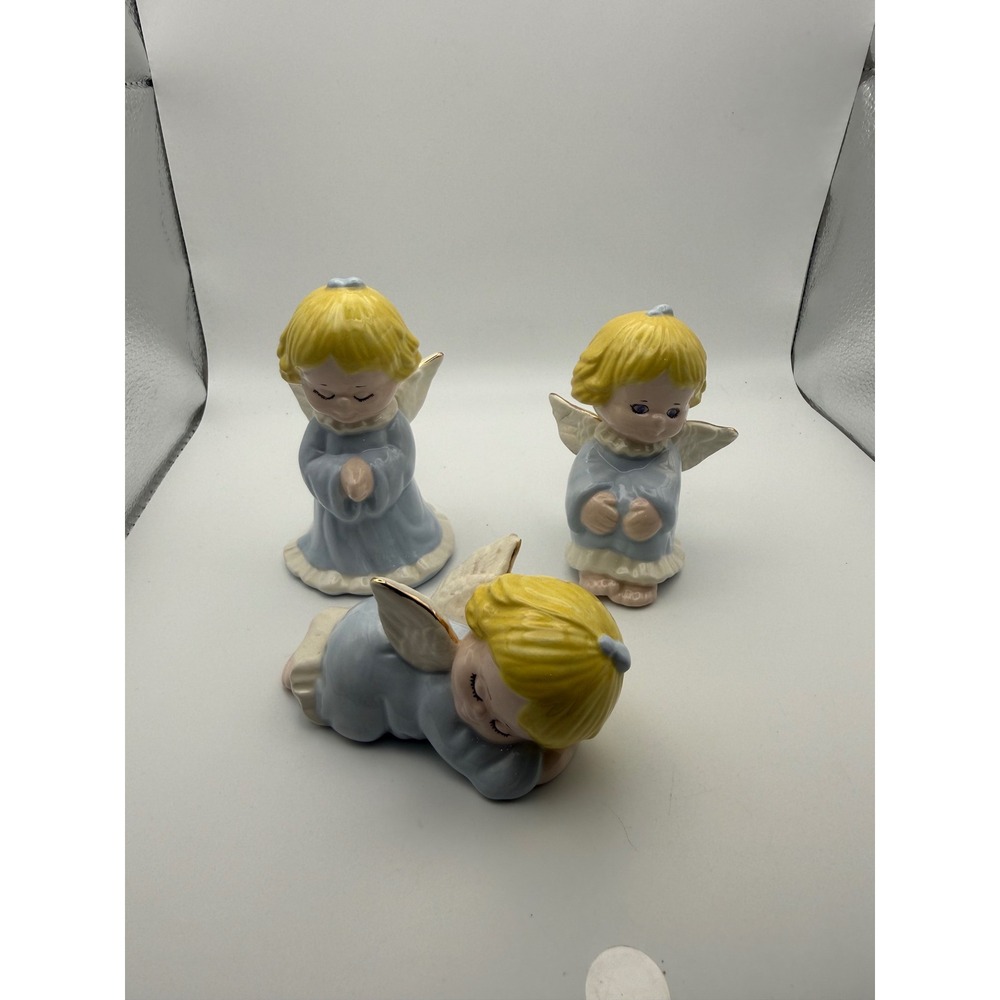 Vintage 1987 Ceramic Angel Figurines Set of 3 Blue Gold Signed Annie 11-87